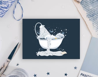 A6 Postkarte, Magische Badewanne mit Walen, Wolken, Sterne, Wale, magische Illustration, Kunstdruck, digitale Illustration, milkteadani