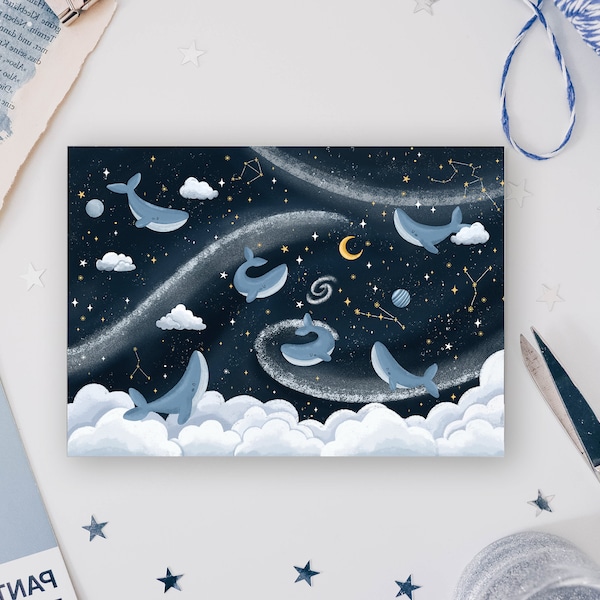 A6 postcard, cloudy sky, whales, starry sky, starry night, illustration art, star constellation, starry night, moon and stars, milkteadani