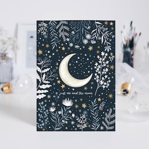 A6 postcard, just me and the moon, floral, illustration, moon stars, clouds, flowers, stars, art print, digital illustration - milkteadani