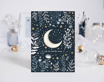 A6 postcard, just me and the moon, floral, illustration, moon stars, clouds, flowers, stars, art print, digital illustration - milkteadani