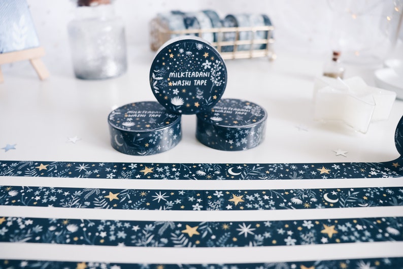 Washi Tape, me and the moon, Starry flowers, 15mm, Universe, Moon Stars Washi Tape, Galaxy, blue, masking tape, bullet journal, milkteadani image 2