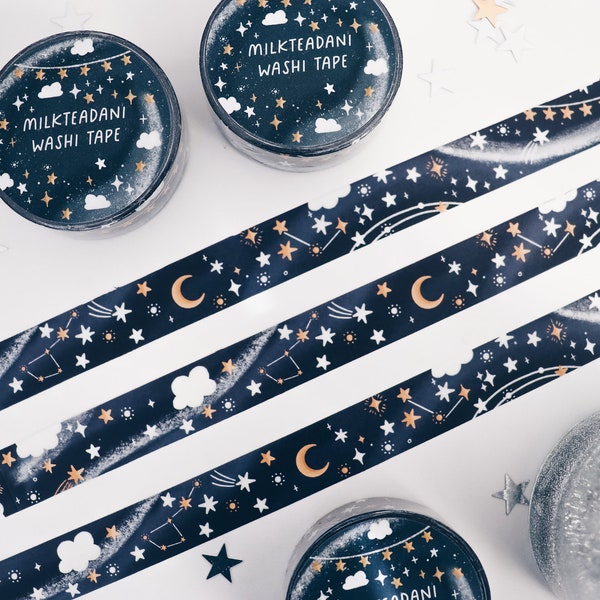 Washi tape, ciel étoilé, 15 mm, washi tape étoiles, lune et étoiles, nuages, galaxie, bleu foncé, masking tape, scrapbooking, milkteadani