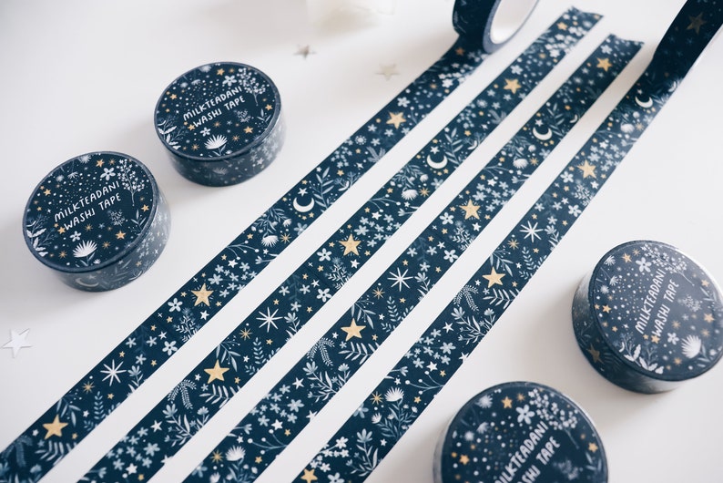 Washi Tape, me and the moon, Starry flowers, 15mm, Universe, Moon Stars Washi Tape, Galaxy, blue, masking tape, bullet journal, milkteadani image 4