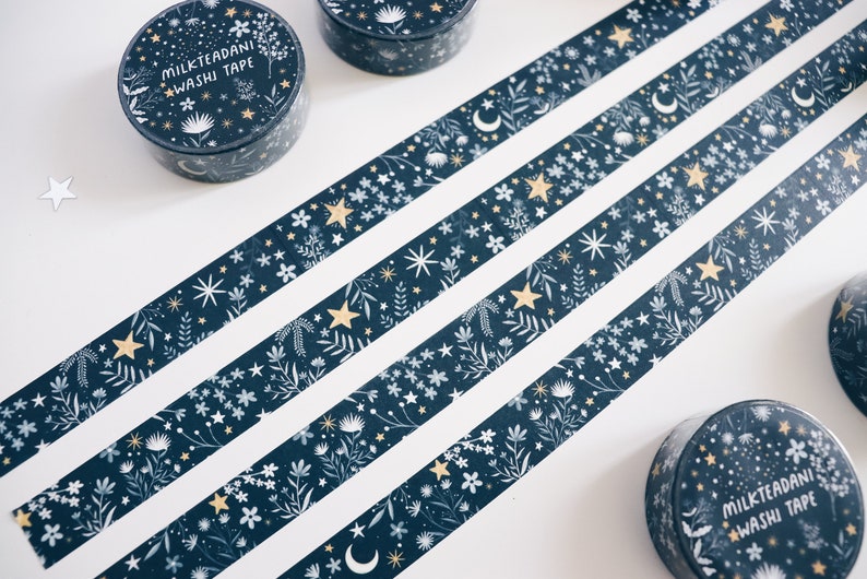 Washi Tape, me and the moon, 15mm, Sternen Washi Tape, Mond und Sterne, Wolken, Floral, dunkelblau, Masking Tape, Scrapbooking, milkteadani Bild 8