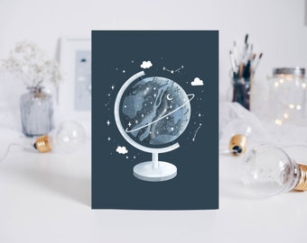 A6 postcard, globe illustration, celestial chart map, moon stars, clouds, moon phases, stars, art print, digital illustration - milkteadani