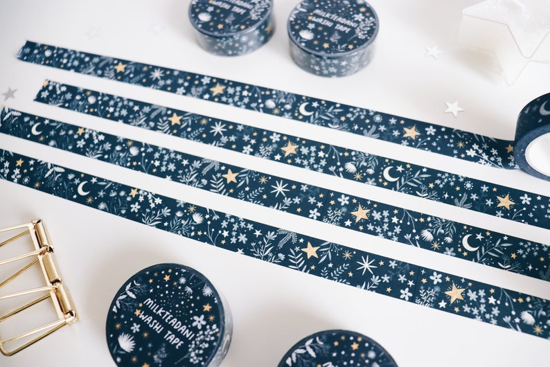 Washi Tape, me and the moon, Starry flowers, 15mm, Universe, Moon Stars Washi Tape, Galaxy, blue, masking tape, bullet journal, milkteadani image 6