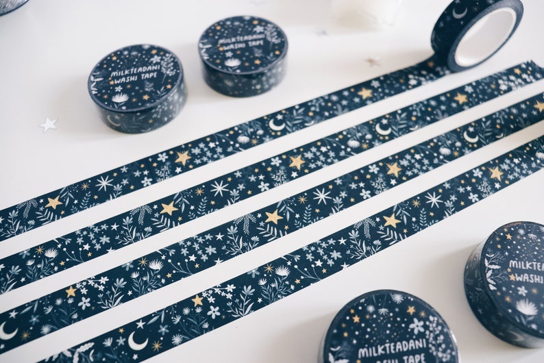 Washi Tape, me and the moon, Starry flowers, 15mm, Universe, Moon Stars Washi Tape, Galaxy, blue, masking tape, bullet journal, milkteadani image 10