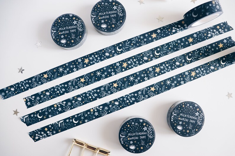 Washi Tape, me and the moon, Starry flowers, 15mm, Universe, Moon Stars Washi Tape, Galaxy, blue, masking tape, bullet journal, milkteadani image 7