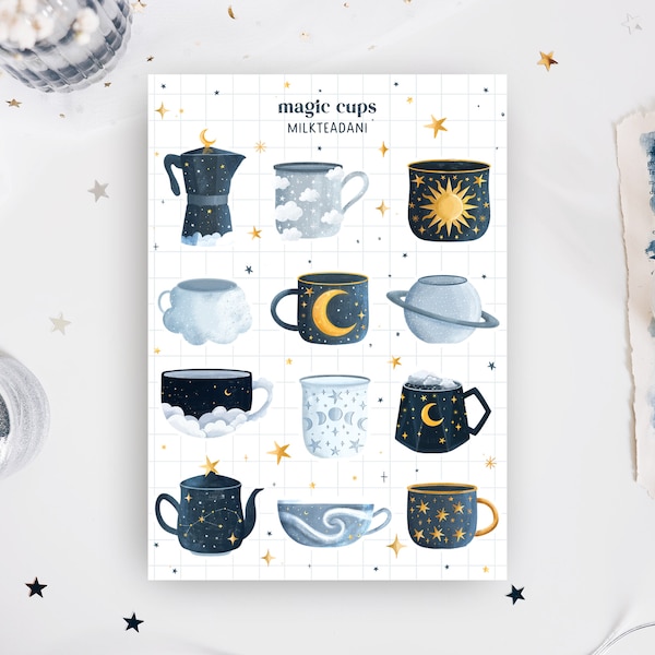 Stickersheet, Magical Cups, Himmlische Tassen Stickers: Magische Mond, Sonne & Planeten Illustrationen – Perfekt fürs Journaling