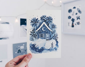 A6 postcard - House in the Clouds - watercolor art print -  watercolor house - art print - indigo blue - landscape, watercolor illustration