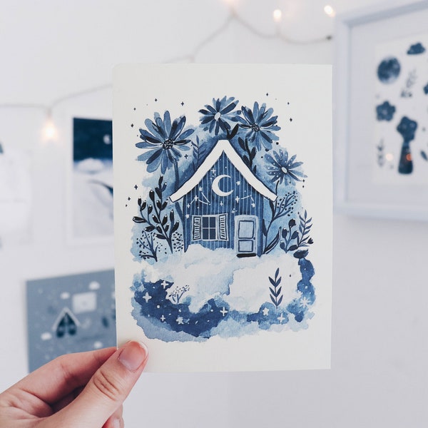 A6 postcard - House in the Clouds - watercolor art print -  watercolor house - art print - indigo blue - landscape, watercolor illustration