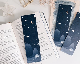 Bookmark, Starry night and House in the Mountains, blue bookmark, gold stars, starry night cozy illustration, nighttime atmosphere
