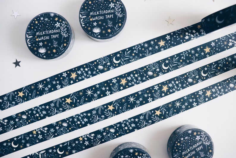 Washi Tape, me and the moon, 15mm, Sternen Washi Tape, Mond und Sterne, Wolken, Floral, dunkelblau, Masking Tape, Scrapbooking, milkteadani Bild 5