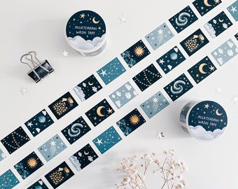 Washi Tape, Moon Stars Illustration Washi, 25MMx10M, Illustrated Stamp Washi tape, Masking Tape, Planner Tape