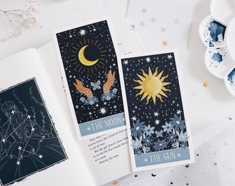 Celestial Bookmark, flip bookmark, double sided bookmark, tarot card, astrology, magic illustration, sun, moon and stars, milkteadani design
