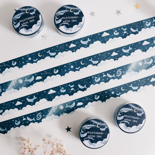 Washi Tape 20 MM, Illustration de baleine galaxie, Art de la nuit étoilée, Nuit nuageuse, Art de la baleine, Ruban de masquage céleste