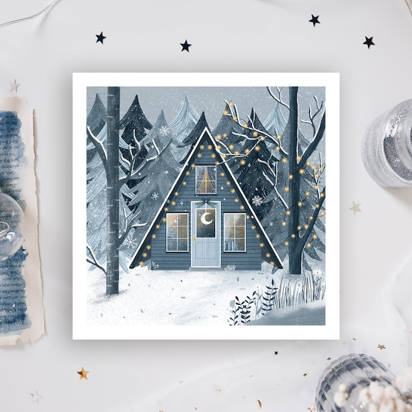 Art print, Cozy Cabin in the woods, Square Art Print, winter, winter illustration, forest cabin, hygge, winter, Christmas, milkteadani