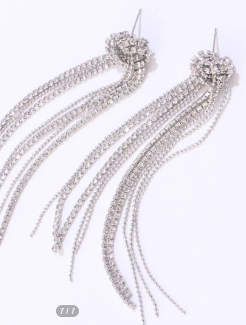 Silver Rhinestone Long Tassel Drop Earrings Etsy UK