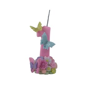 Vela de cumpleaños con forma de mariposa, vela rosa con el número 1, adorno para tarta de hada de jardín, recuerdo de primer cumpleaños, decoración hecha a mano para fiesta de niña.