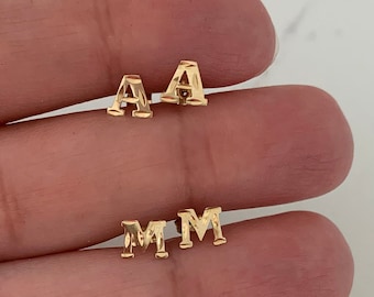 14K Gold Initial Earrings, Dainty Initial Earrings, 14K Gold Initials, Personalized Gifts, Christmas Gift, Solid Gold, Everyday Earrings