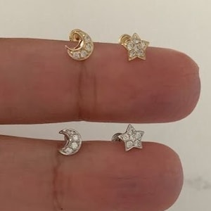 14K White/Yellow Gold Tiny Moon & Star Studs Earrings, Star Earrings, Starburst White/Yellow Gold Studs, 14K Gold Earrings, Moon Earrings
