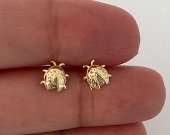 14K Bezel Ladybug Earrings, Dainty Earrings, Women Earrings, Kid Earrings, Solid Gold Ladybugs, Gold Ladybugs, Gold Earrings