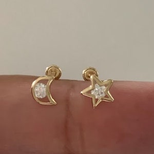 14K Yellow Gold Moon & Star CZ Stud Earrings, Star Earrings, Starburst Yellow Gold Studs, 14K Yellow Gold Earrings, Moon Earrings