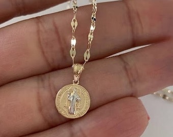 14K Gold Two Tone Saint Benedict Pendant on a Mirror Chain | Mirror Chain | 14K Gold Mirror Chain | Religious Necklace | Saint Benedict