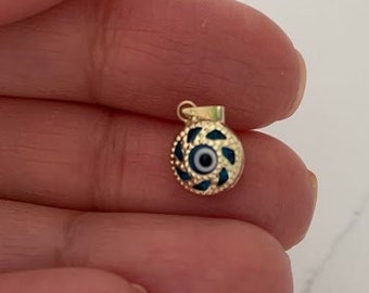 Colgante de mal de ojo azul inflado de oro real de 14K, amuleto redondo de buena suerte, joyería de protección, colgante de ojo azul claro