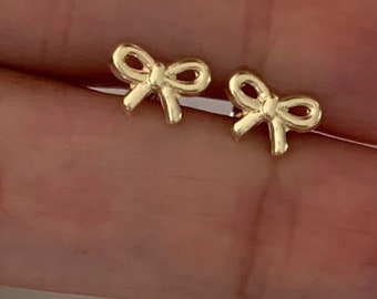14K Solid Gold Bow Oorbellen, Schroefruggen, Solid Gold, Gold Bow Oorbellen, Sierlijke Ribbon Bow Stud Oorbellen, Lasso Oorbellen