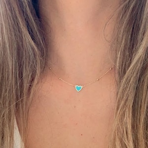 Turquoise Small Heart 14K Gold Satellite Necklace | Enamel | 8MM Heart Gold Chain | Dainty Necklace |  | Minimalist Jewelry | SOLID GOLD