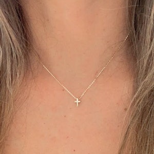 14K Gold Tiny Cross Necklace, Religious Jewelry Gift, Women&#39;s Christian Faith, Small Cross Pendant, Bold Cross Gift, FREE SHIPPING