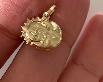 14K Solid Gold Moon and Sun Pendant | Yellow Gold Moon and Sun Pendant | Moon and Sun Pendant | 14K Solid Gold Pendant |