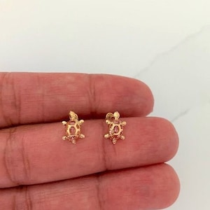14K Bezel Turtle Earrings, Dainty Earrings, Women Earrings, Kid Earrings, Solid Gold Turtles, Light pink Turtles, Gold Earrings