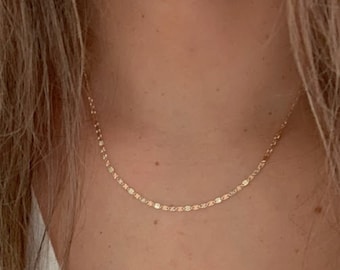 Solid 14K Tricolor Gold Chain, 2.1mm Flat Valentino Chain,  Shiny Diamond Cut, Dainty Mirror Chain, 14K Gold Choker, BEST SELLER