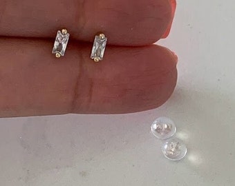 14K Solid Gold Baguette Cubic ZC Earrings, Baguette Studs, Push Back Studs, Beautiful and Elegant Dainty Earrings, Bridesmaid Gifts