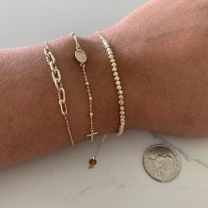 14K Yellow Gold Paperclip Link Bracelet With adjustable ball Clasp 7&quot; Inch, 14K Rosary Bracelet, Beaded Real Gold Bracelet