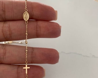 Pulsera de rosario de oro amarillo de 14 quilates, pulsera de rosario de oro macizo, pulsera con medalla y cruz de la Virgen María Milagrosa, joyería religiosa para mujer