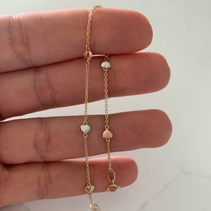 Tiny & Cute 14K Gold Heart Bracelet, Tricolor 14K Gold Everyday Jewelry, 14k Genuine 3 Color Chain Bracelet with Hearts