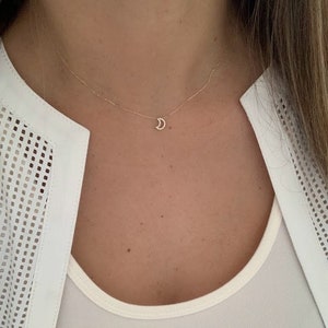 14K Moon with CZ Necklace, Dainty Necklace, Layering Necklace, Minimalist Jewelry, Star Necklace, Crescent Moon, 8MM Gold Moon