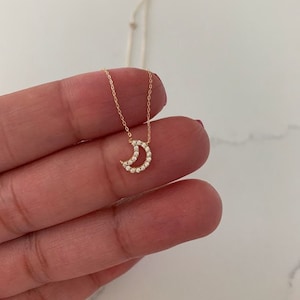 14K Moon with CZ Necklace, Dainty Necklace, Layering Necklace, Minimalist Jewelry, Star Necklace, Crescent Moon, 8MM Gold Moon