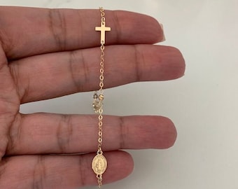 Pulsera de rosario de oro amarillo de 14 quilates, pulsera de rosario de oro macizo, pulsera con medalla y cruz de la Virgen María milagrosa, joyería religiosa para mujer