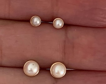 14K Handmade Solid Gold Genuine White Pearl Screw back Earrings- 14K Pearl Studs- Pearl Studs- 14K Cultured Pearl Studs 3MM 5MM