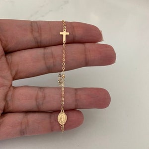 14K Yellow Gold Rosary Bracelet, Solid Gold Rosary Bracelet, Miraculous Virgin Mary Medal and Cross Bracelet, Religious Jewelry For Women