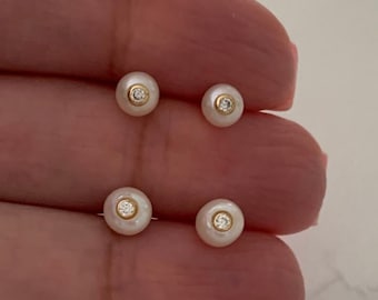 14K Handmade Solid Gold Genuine White Pearl Screw back Earrings- 14K Pearl Studs- Pearl Studs- with CZ-14K Cultured Pearl Studs 5MM & 6MM