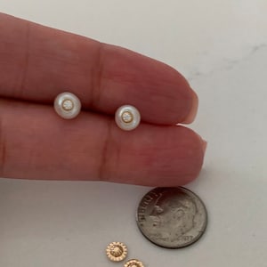 14K Handmade Solid Gold Genuine White Pearl Screw back Earrings- 14K Pearl Studs- Pearl Studs- with CZ-14K Cultured Pearl Studs 6MM