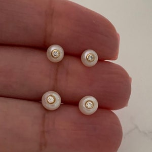 14K Handmade Solid Gold Genuine White Pearl Screw back Earrings- 14K Pearl Studs- Pearl Studs- with CZ-14K Cultured Pearl Studs 5MM & 6MM