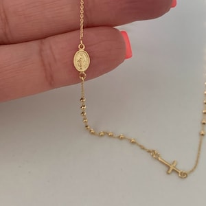 14K Yellow Gold Rosary Necklace, Solid Gold Rosary Necklace, Miraculous Virgin Mary Medal and Cross Chain, Religious Jewelry For Women