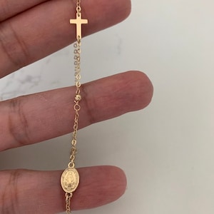 14K Yellow Gold Rosary Bracelet, Solid Gold Rosary Bracelet, Miraculous Virgin Mary Medal and Cross Bracelet, Religious Jewelry For Women