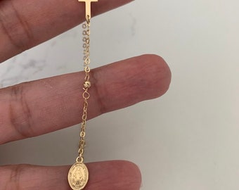 14K Gelbgold Rosenkranz Armband, Rosenkranz Armband aus Massivgold, Wunderbare Jungfrau Maria Medaille und Kreuz Armband, religiöser Schmuck für Frauen